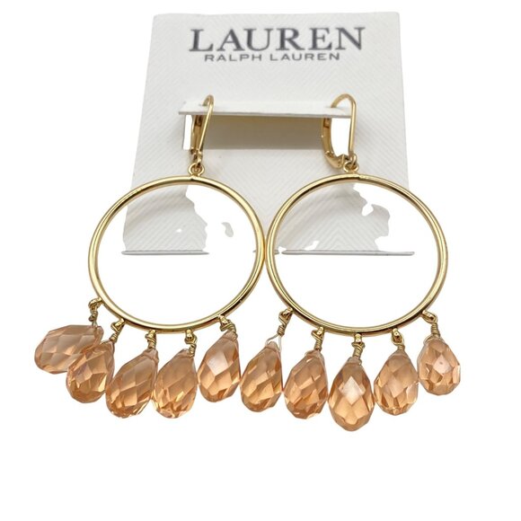 NWT Lauren Ralph Lauren Gold-Tone Hoop Earrings Peach Crystal Beads Drop Dangle - Picture 7 of 9